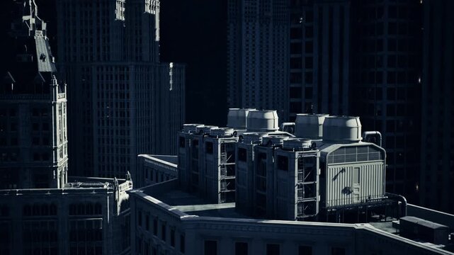 Monochrome rooftop equipment captured with high contrast, vents and housings forming geometric composition, nearby skyscrapers create layered depth, austere