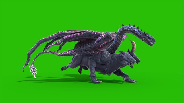 Green Screen Mythological Chimera Runcycle Loop Side Monsters 3D Animations Rendering CGI 4K