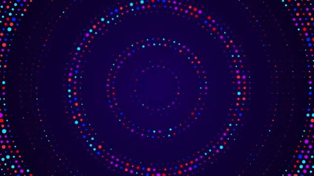 Colorful halftone dot concentric circles animation featuring vibrant pink blue cyan rotating particles on dark background loop 4k video