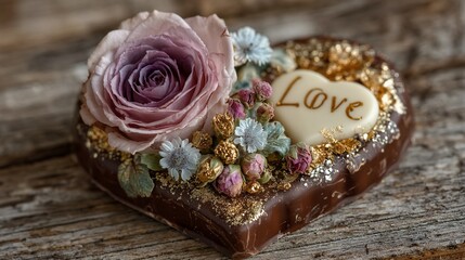 Fototapeta premium Romantic heart-shaped chocolate dessert with delicate flowers and the word love displayed elegantly