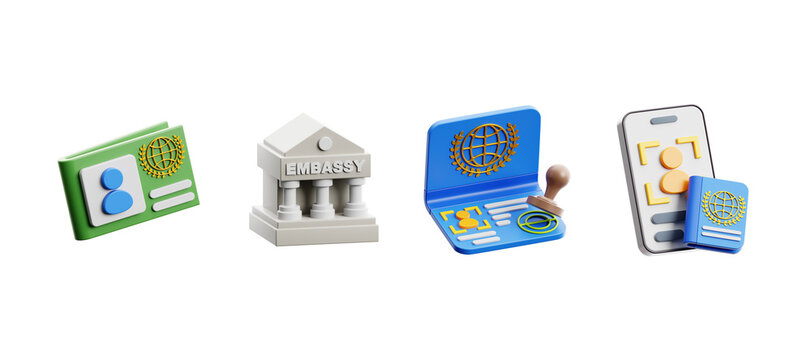 3D travel document icons set international visa application process