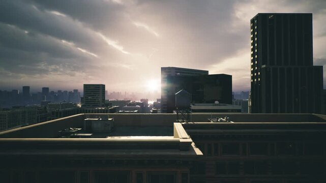 Clearing atlanta rooftop skyline after storm broken clouds and fresh light, wet surfaces reflecting towers, rooftop drains and puddles, quiet aftermath