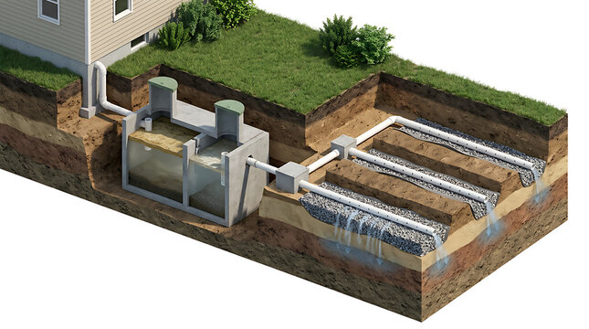 Cross Section View of a Residential Septic System Isolated on White Background