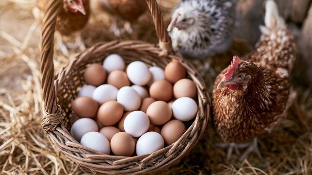 Fresh farm eggs in a wicker basket on straw with free range chickens, natural organic produce from poultry farming