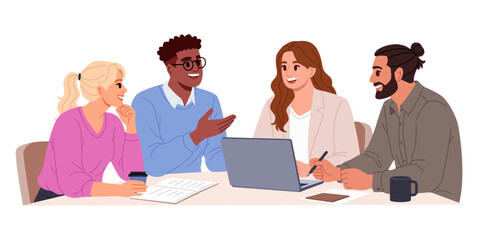 Fototapeta premium Coworkers discussing project around laptop in modern office workspace. Vector illustration.