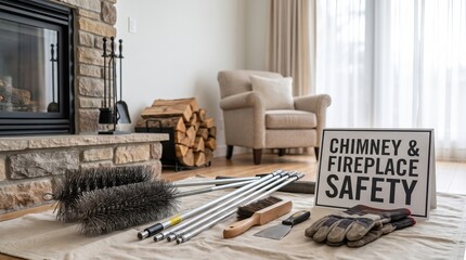 Obraz premium Cleaning fireplace before winter, seasonal chimney maintenance, cozy home preparation, household safety.
