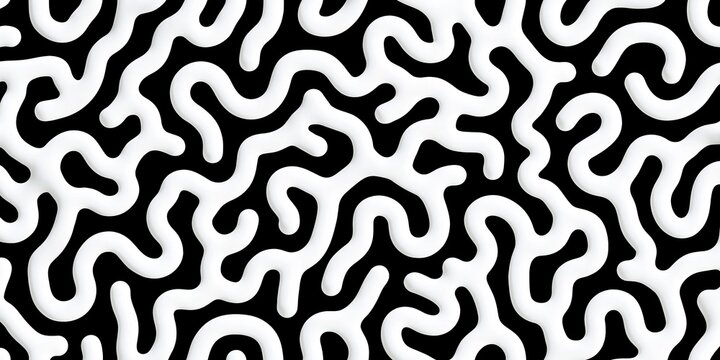 Abstract black and white seamless pattern with bold organic doodle shapes, flowing irregular lines, and a maze like composition