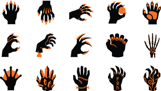 Collection of scary halloween monster hand illustrations featuring sharp claws and spooky supernatural creature finger designs
