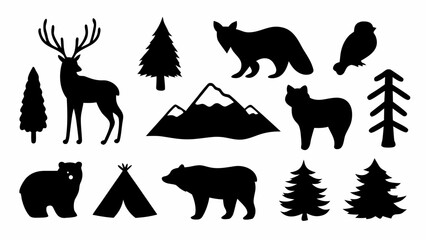 Fototapeta premium Silhouette bundle of wildlife animals and nature scenes. Black forest and mountain icons for outdoor, adventure, and wildlife themes.