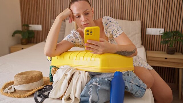Worried woman struggling to close an overpacked yellow suitcase while anxiously checking her smartphone before a vacation. Travel anxiety, trip planning, packing stress and holiday preparation concept