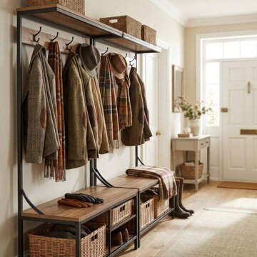 Organized entryway with coat rack and storage bench, welcoming home entrance, everyday family organization.