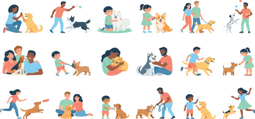 Diverse People and Happy Dogs Flat Vector Character Set Showing Pet Care Walking Playing and Training for Animal Welfare Website Elements © Forida