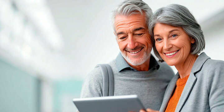 Smiling senior couple using a tablet together indoors, representing active aging, digital technology, retirement and modern lifestyle