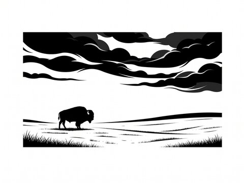 Bison silhouette on prairie with clouds and plains landscape. Vector illustration.