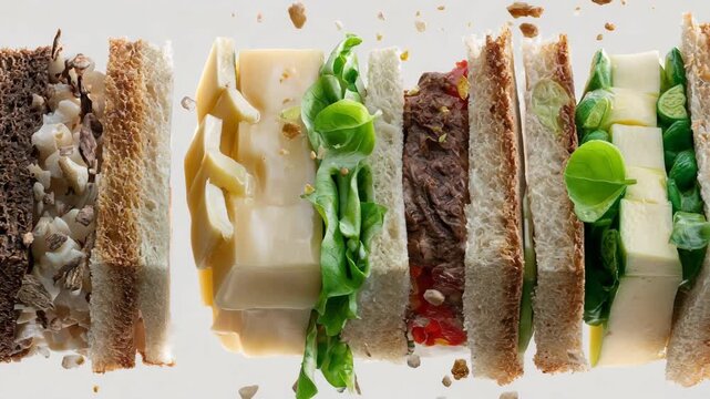 Deconstructed sandwich layers floating in the air with fresh ingredients