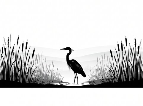 Silhouette heron standing in marsh reeds at dawn wetland scene black and white.