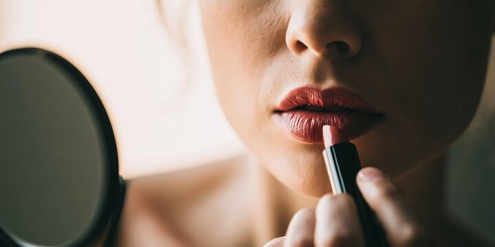 Woman applying lipstick, focusing on beauty and makeup routine with cosmetic product and handheld mirror