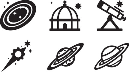 Galaxy Spiral Observatory Dome Telescope Shooting Star Comet Ringed Planet Saturn Solid Glyph Icon Set Vector Asset © rofikgraph24