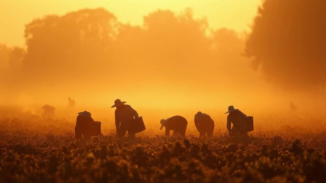 Farm workers harvesting crops at sunrise in a field with golden light and mist