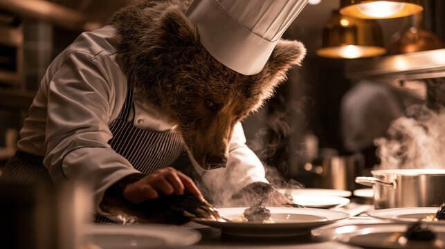 Bear Chef Cooking Delicious Meal in Kitchen Setting