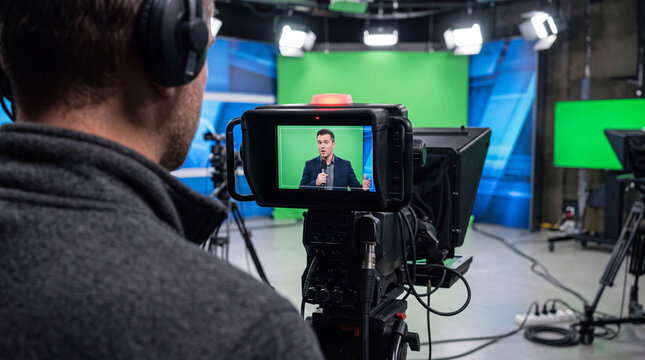 Male news presenter standing in a modern television studio with blue screens, green screens and professional live broadcast equipment.