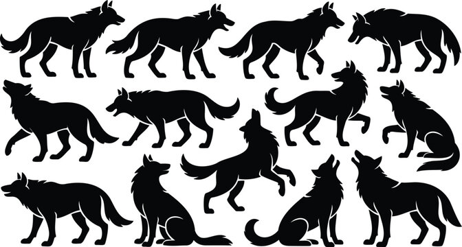 Black wolf silhouettes in various poses on white background