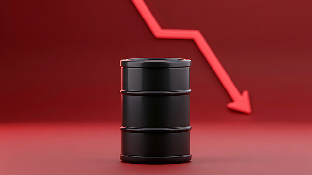 Black oil barrel with a red downward trending arrow on a red background, representing price decrease and economic decline or market fall