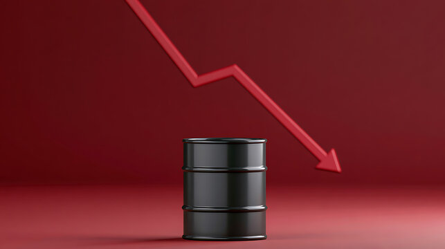 Dramatic decrease in resource value illustrated by a black barrel and a sharp red downward graph arrow on a vibrant red background