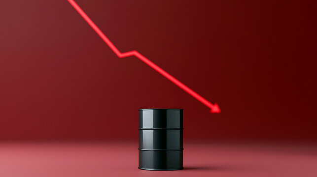 Dramatic decrease in production and price of energy with a barrel of crude against a red backdrop and falling arrow line