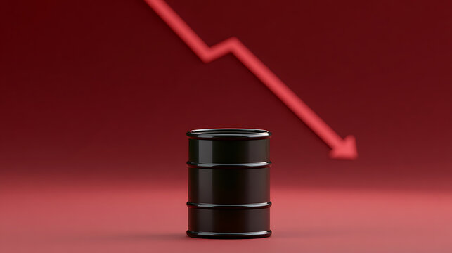 Graphic illustration of a black barrel with a red downward-sloping arrow in the background, symbolizing a decrease in value or crisis