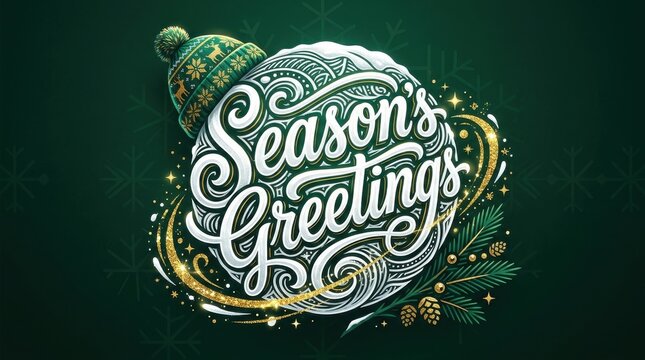 Season's Greetings calligraphy inside a decorative bauble with a winter hat, xmas 2027 celebration, festive holiday card background