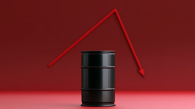 Black industrial barrel stands on red surface with a descending red arrow indicating a market downturn or decrease in value, minimalist style