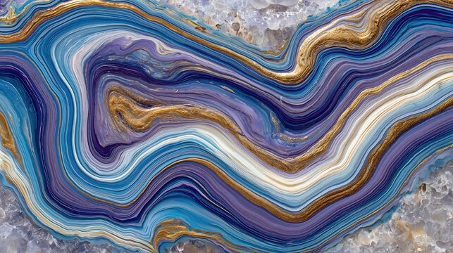 Abstract blue and gold agate stone texture with flowing mineral lines