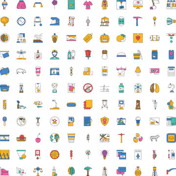 Collection of various colorful outline universal icons, representing a wide range of concepts and objects for graphic design, business, and daily life, all isolated on a clean white background