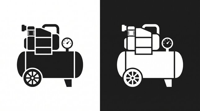   
Two mirrored air compressor icons with tank, gauge, motor, and wheels, black on white and white on black, minimal design emphasizing symmetry, contrast, and industrial function.