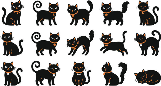 Set of cute black cats in various poses for festive haloween decorations and spooky holiday graphic design projects