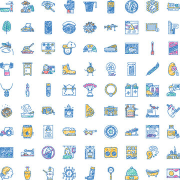 Diverse collection of colorful hand drawn doodle style icons representing various objects, concepts, themes, and abstract ideas in a playful visual design