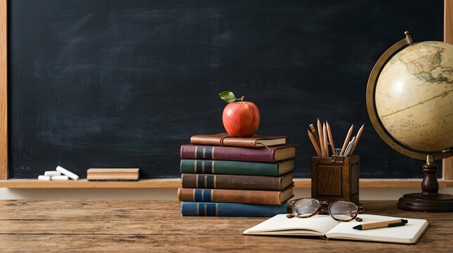 A stack of old books with an apple on top and a globe on a wooden classroom desk