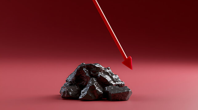 Abstract depiction of falling energy prices or declining demand for fossil fuels, with a red downward arrow pointing towards a pile of coal