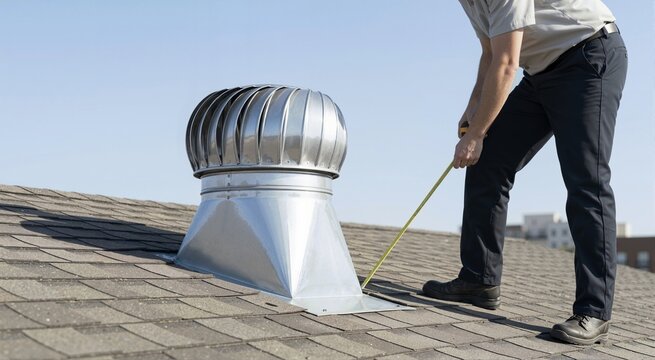 Contractor measuring a metal turbine ventilation cowl on a residential roof. Male worker using a tape measure for roof vent installation and maintenance under a clear blue sky