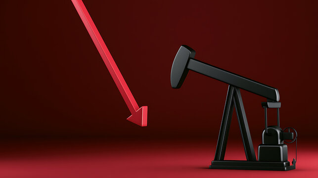 Oil Pump Jack and Red Downtrend Arrow Illustration on a Red Background Representing Energy Market Decline