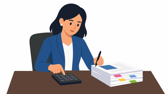 Flat vector illustration of a professional businesswoman sitting at a desk, calculating financial data with a calculator and organizing a large stack of paper documents with colorful sticky note tabs.