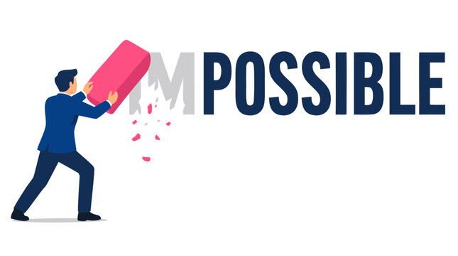 Businessman using a large pink eraser to remove the letters IM from the word IMPOSSIBLE, transforming it into POSSIBLE. A powerful conceptual vector illustration representing success, mindset, and