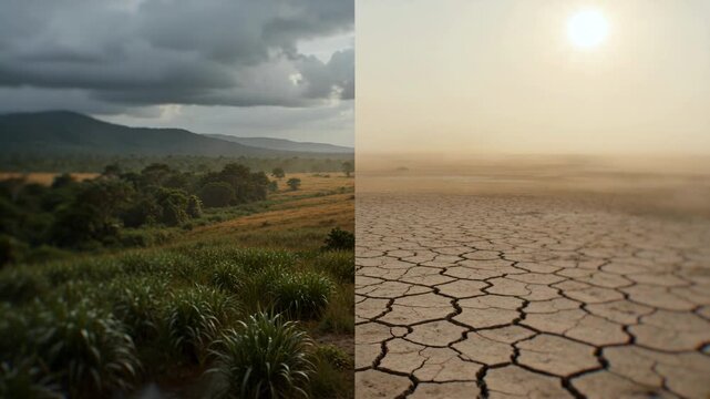Split screen of a green landscape next to dry cracked land