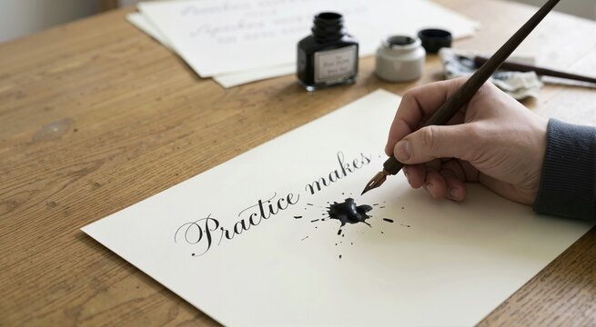 Hand holding a calligraphy pen over a large black ink blot mistake on paper. Practice makes perfect concept with spilled ink and cursive handwriting