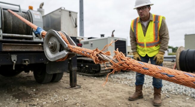 Frayed orange synthetic rope breaking under high tension in a metal pulley. Construction worker observing material failure and safety hazard on site