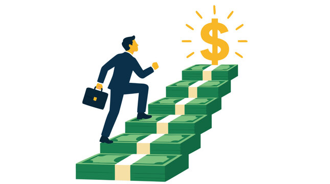 A determined businessman in a suit climbs a staircase made of stacked green cash bills towards glowing golden dollar sign at top, symbolizing financial success, career growth, wealth.