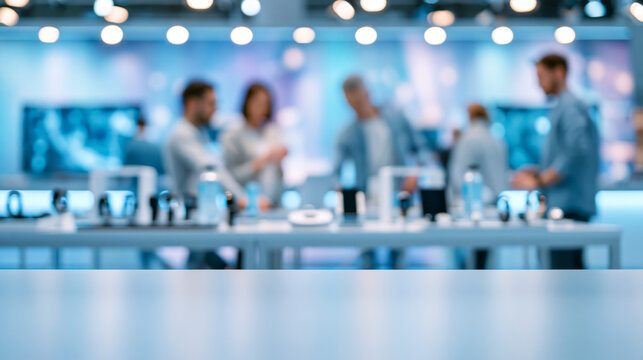 Blurred Medical Technology Exhibition with Blue Lighting, Digital Displays and White Counter Copy Space for Professional Healthcare Marketing Mockup