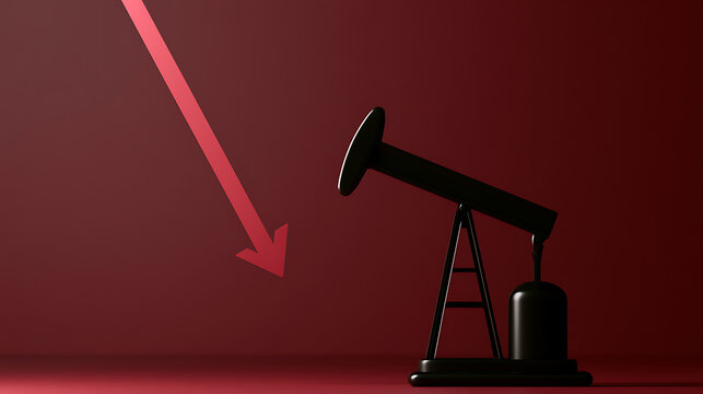 Oil pump jack model against a deep red background with a downward-pointing red arrow symbolizing a decline in energy markets or prices