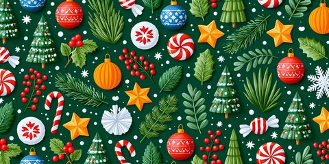 Obraz premium Seamless Christmas pattern illustrating festive ornaments, stars, trees, candy, and winter botanicals on a green background